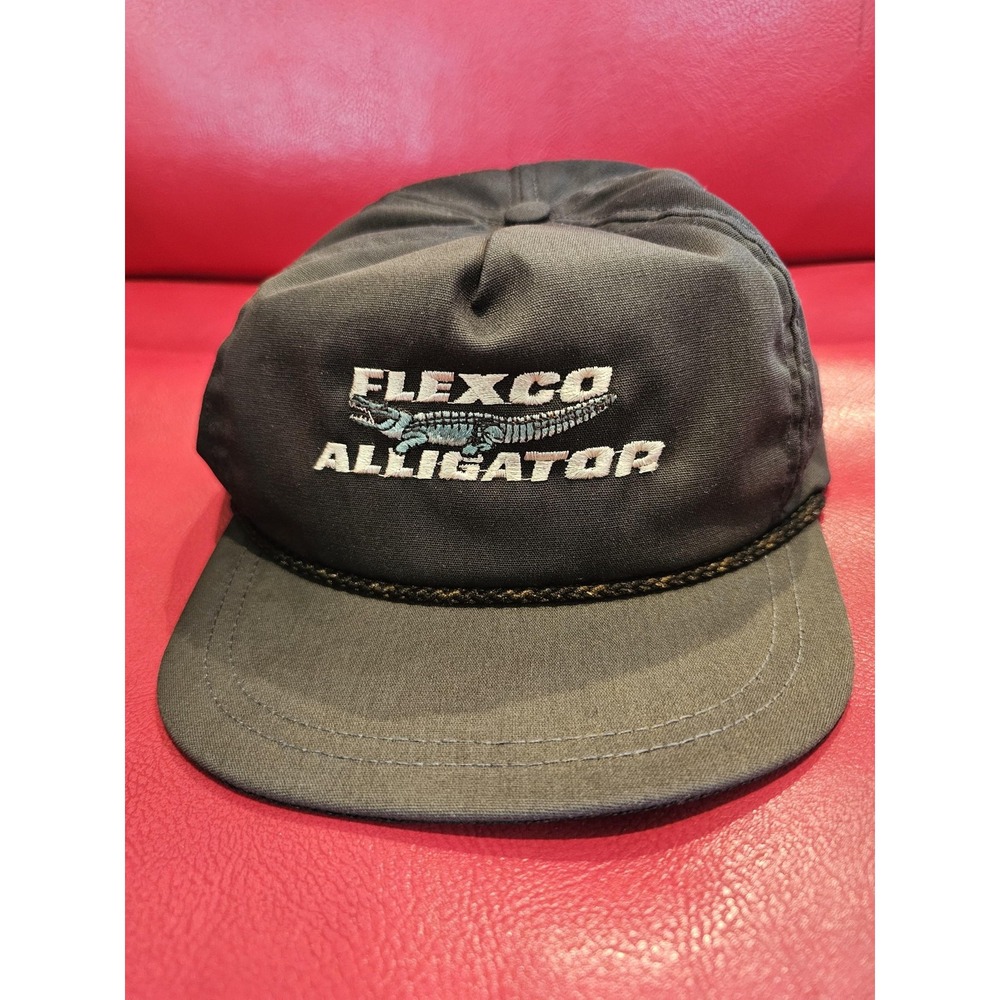 Vintage Flexco Alligator Hat Cap Strap Back Black Embroidered Promo Mens USA 90s